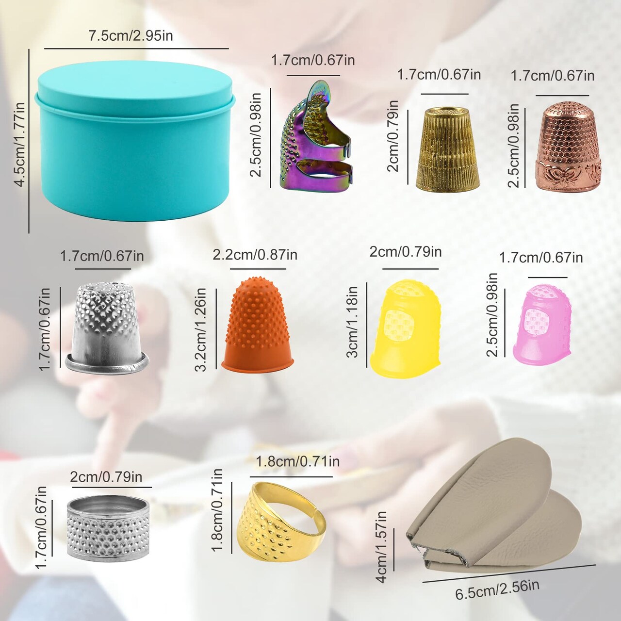 11 Piece Sewing Thimble Finger Protectors, Adjustable Metal Copper Finger Thimble Silicone Leather Thimble Finger Tips Finger Shield Ring Fingertip Quilting Sewing Supplies for Embroidery Needlework(B)